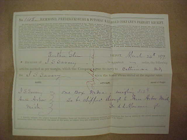 Freight reciept, 1879